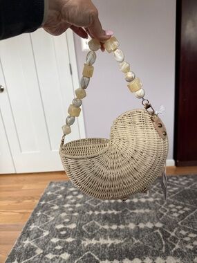 Haute Hippie Cream Woven Conch Shell Mini Bag with Beaded Handle